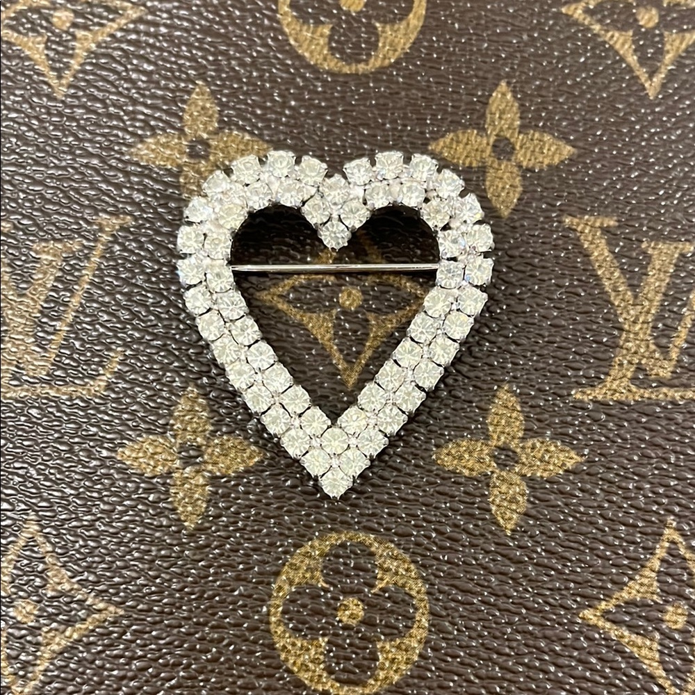 Vintage Faux Diamond Rhinestone Silver Heart Brooch